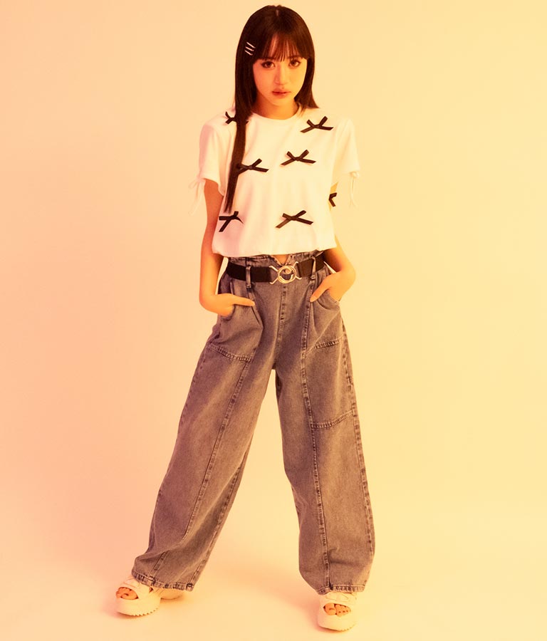 【ティーンズライン】ベルト付 ケミカル ストレート パンツ （M、Lサイズ展開） 912-7501