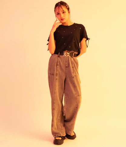 【ティーンズライン】ベルト付 ケミカル ストレート パンツ （M、Lサイズ展開） 912-7501