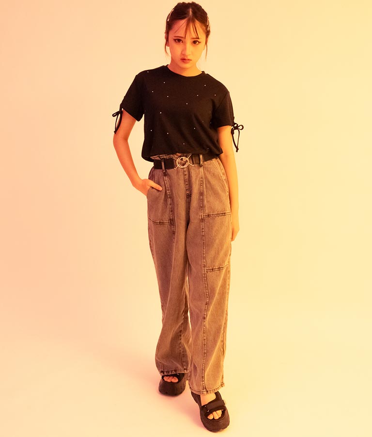 【ティーンズライン】ベルト付 ケミカル ストレート パンツ （M、Lサイズ展開） 912-7501