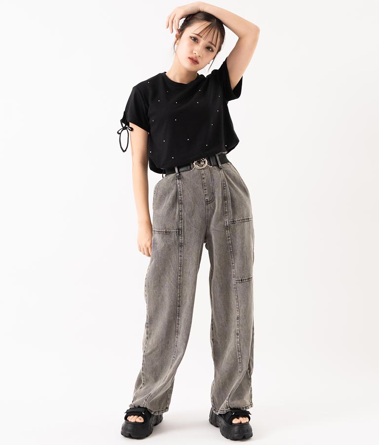 【ティーンズライン】ベルト付 ケミカル ストレート パンツ （M、Lサイズ展開） 912-7501