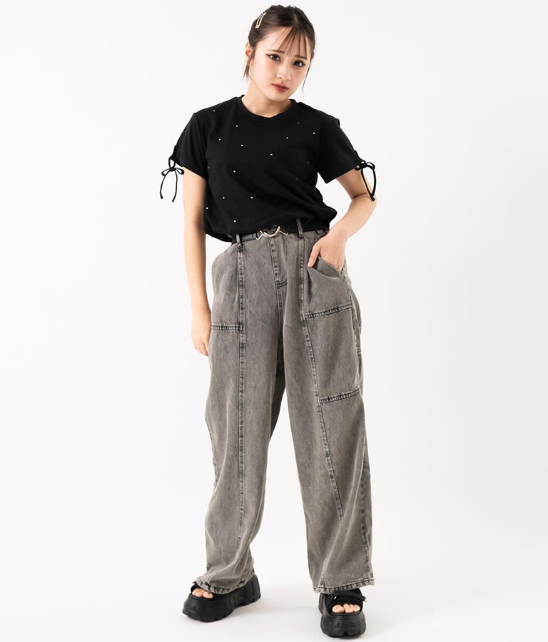 【ティーンズライン】ベルト付 ケミカル ストレート パンツ （M、Lサイズ展開） 912-7501