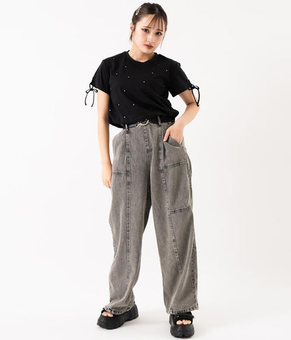 【ティーンズライン】ベルト付 ケミカル ストレート パンツ （M、Lサイズ展開） 912-7501