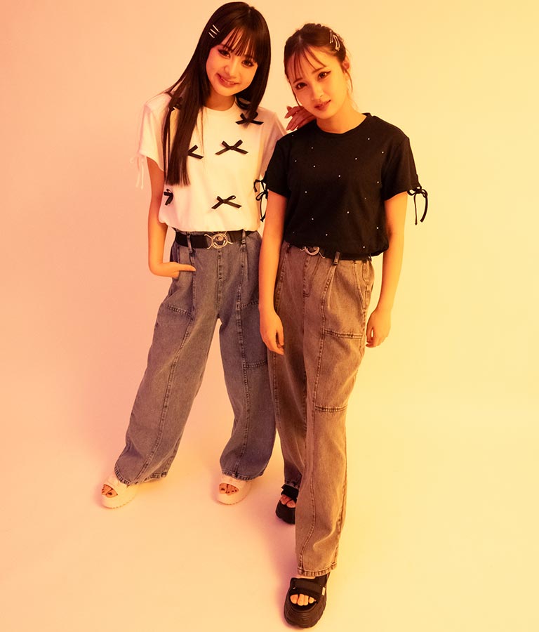 【ティーンズライン】ベルト付 ケミカル ストレート パンツ （M、Lサイズ展開） 912-7501