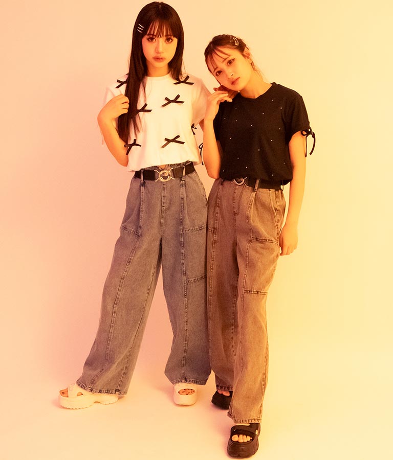 【ティーンズライン】ベルト付 ケミカル ストレート パンツ （M、Lサイズ展開） 912-7501