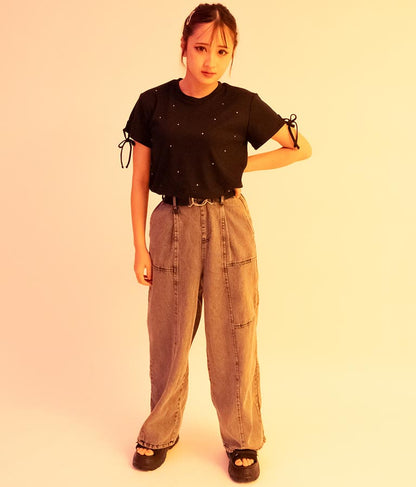 【ティーンズライン】ベルト付 ケミカル ストレート パンツ （M、Lサイズ展開） 912-7501