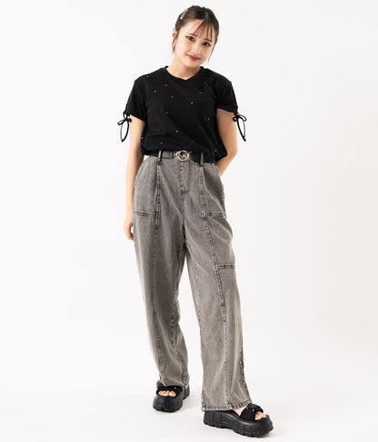 【ティーンズライン】ベルト付 ケミカル ストレート パンツ （M、Lサイズ展開） 912-7501