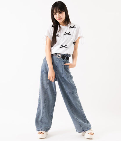 【ティーンズライン】ベルト付 ケミカル ストレート パンツ （M、Lサイズ展開） 912-7501