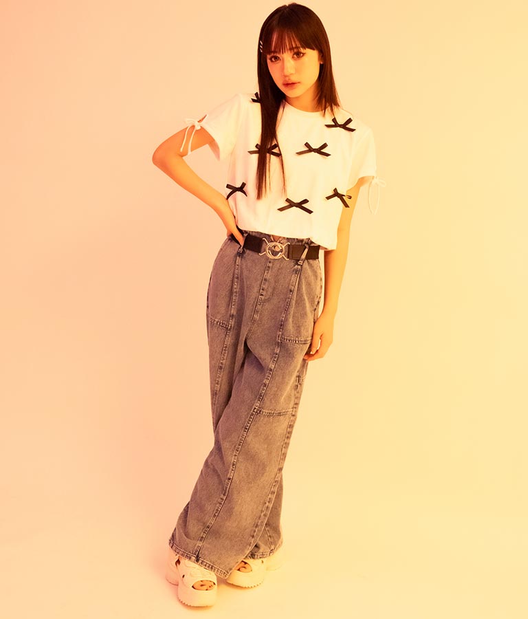 【ティーンズライン】ベルト付 ケミカル ストレート パンツ （M、Lサイズ展開） 912-7501