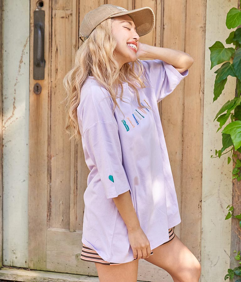 カラフル刺繍 ハートポイント コットン ビッグ Tシャツ 853-5862