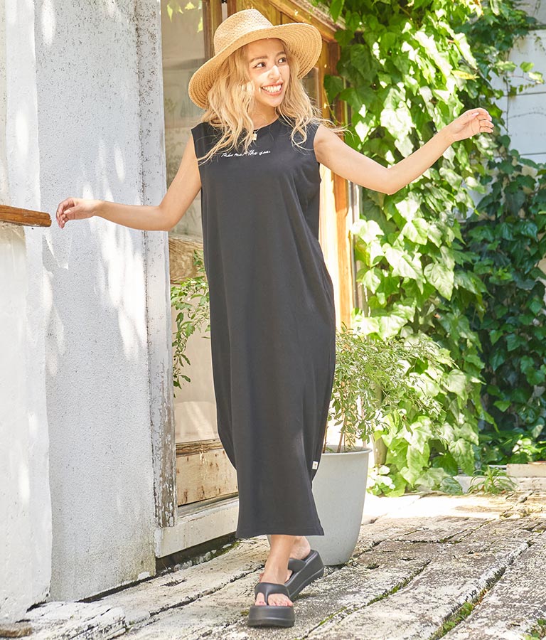 メッセージ 刺繍 ノースリーブ マキシ ワンピース 857-5871