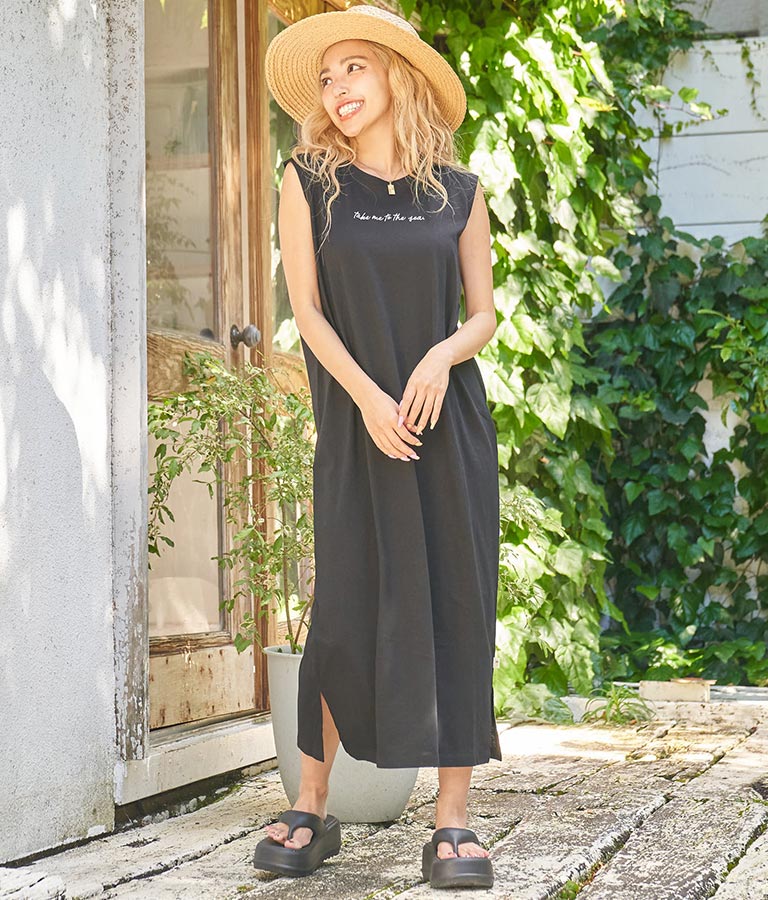 メッセージ 刺繍 ノースリーブ マキシ ワンピース 857-5871