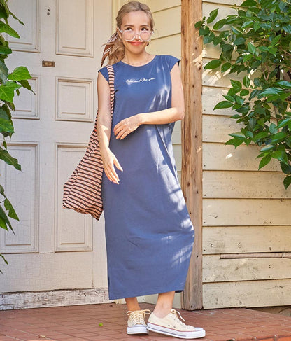 メッセージ 刺繍 ノースリーブ マキシ ワンピース 857-5871