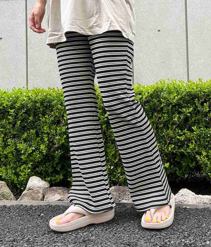 ワッフル ボーダー ソフト フレア リラックス パンツ 852-5888