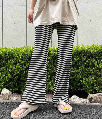 ワッフル ボーダー ソフト フレア リラックス パンツ 852-5888