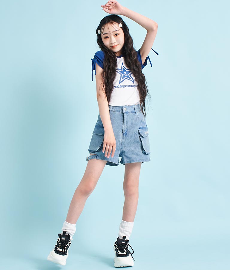 袖 シャーリング 星 モチーフ ミニ Tシャツ