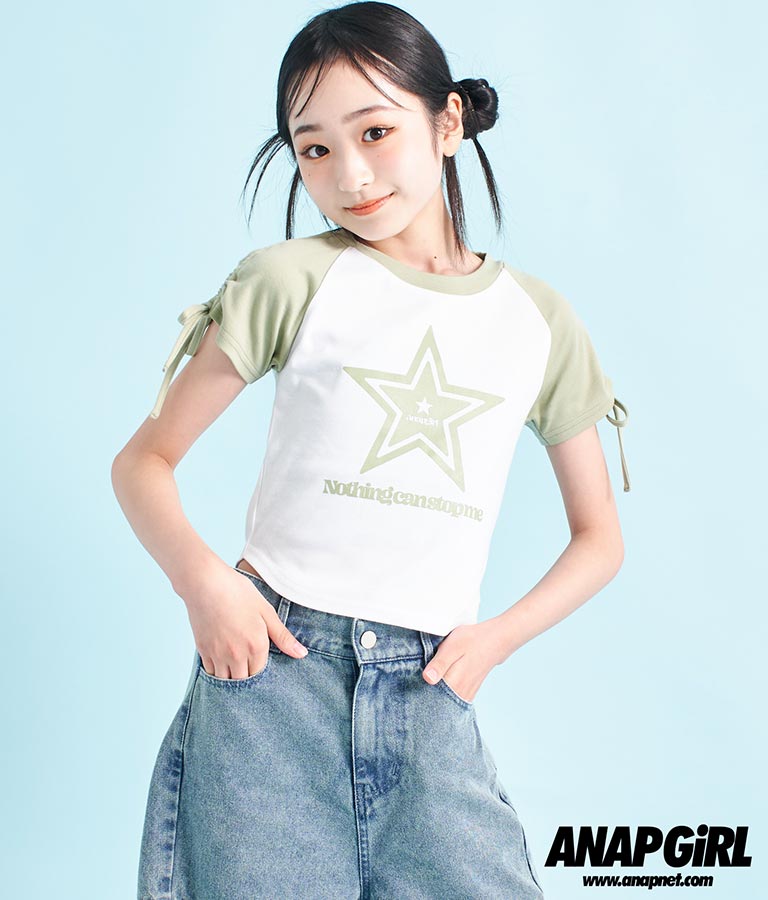 袖 シャーリング 星 モチーフ ミニ Tシャツ 913-7530