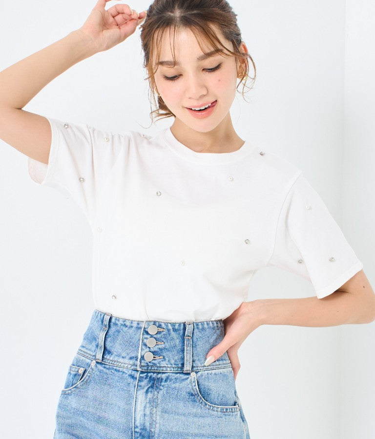 パール ビジュー デコ Tシャツ 523-6847