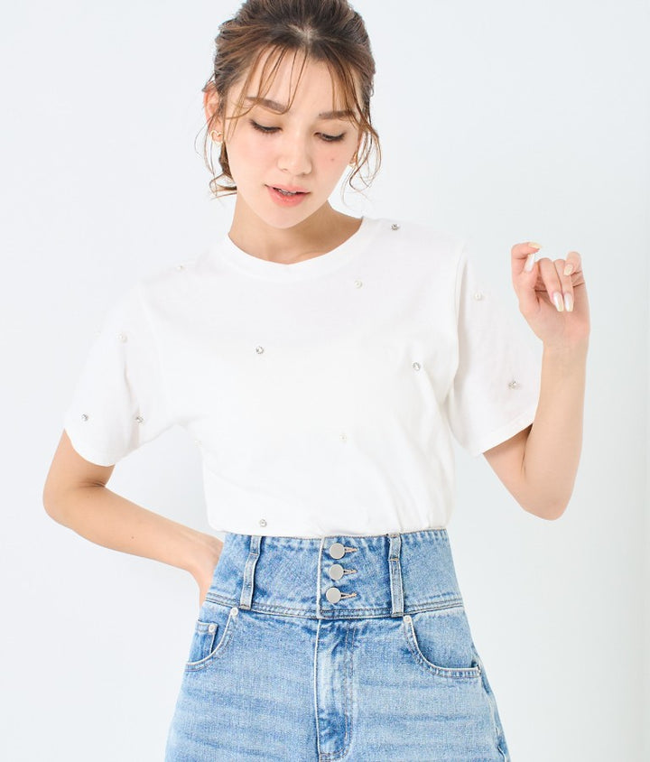 パール ビジュー デコ Tシャツ 523-6847