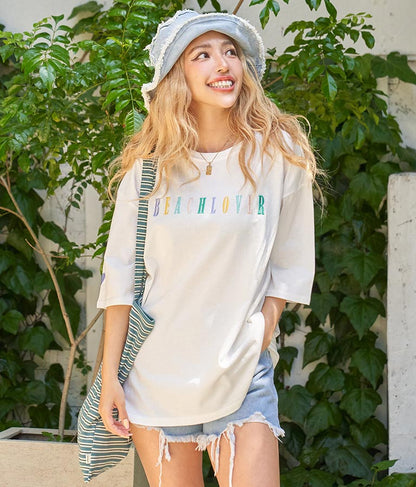 カラフル刺繍 ハートポイント コットン ビッグ Tシャツ 853-5862