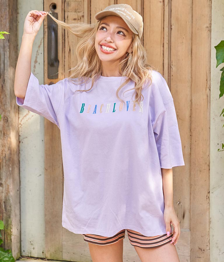 カラフル刺繍 ハートポイント コットン ビッグ Tシャツ 853-5862