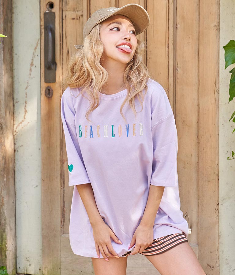 カラフル刺繍 ハートポイント コットン ビッグ Tシャツ 853-5862