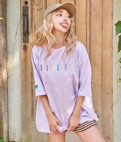 カラフル刺繍 ハートポイント コットン ビッグ Tシャツ 853-5862