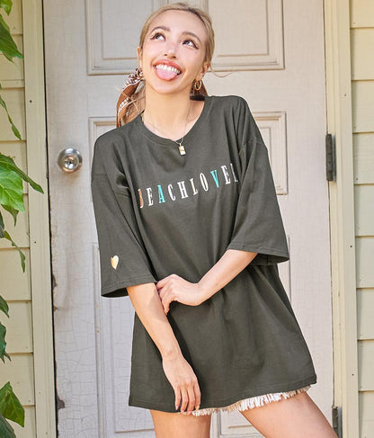 カラフル刺繍 ハートポイント コットン ビッグ Tシャツ 853-5862