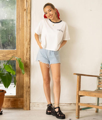 国旗 プリント コットン リンガー Tシャツ 853-5858