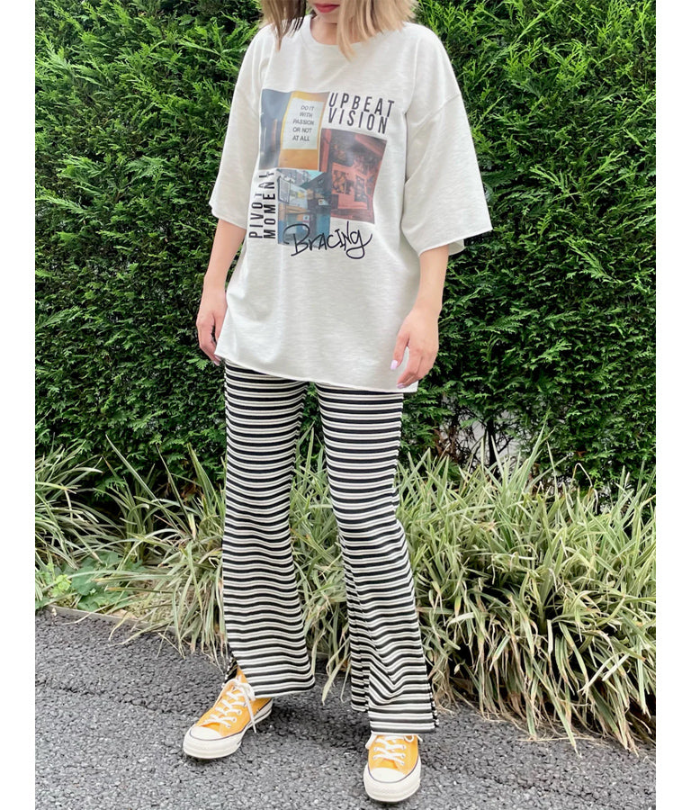 ワッフル ボーダー ソフト フレア リラックス パンツ 852-5888