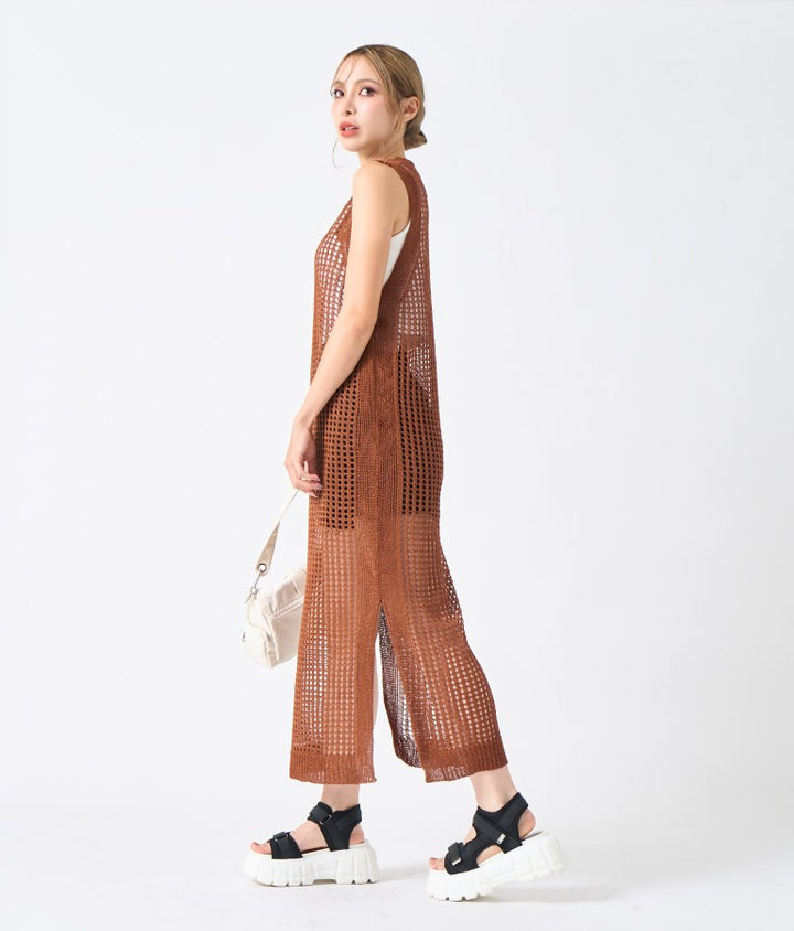 メッシュ サマー ニット ノースリーブ ロング ワンピース 497-2634
