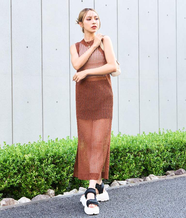 メッシュ サマー ニット ノースリーブ ロング ワンピース 497-2634
