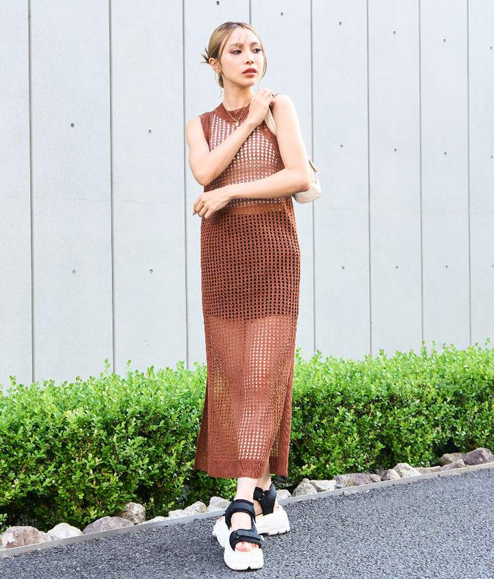 メッシュ サマー ニット ノースリーブ ロング ワンピース 497-2634