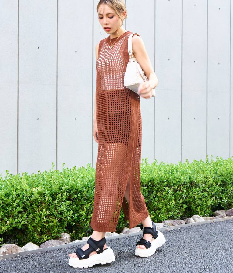 メッシュ サマー ニット ノースリーブ ロング ワンピース 497-2634