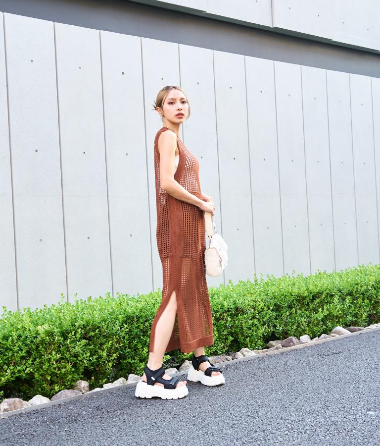 メッシュ サマー ニット ノースリーブ ロング ワンピース 497-2634