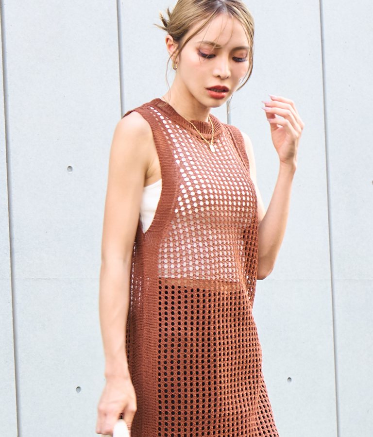 メッシュ サマー ニット ノースリーブ ロング ワンピース 497-2634