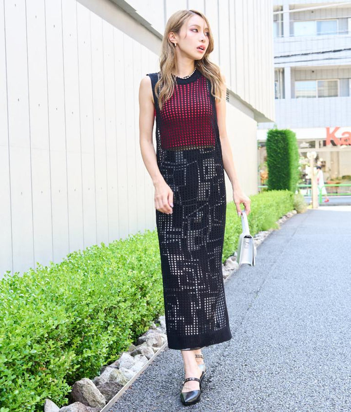 メッシュ サマー ニット ノースリーブ ロング ワンピース 497-2634