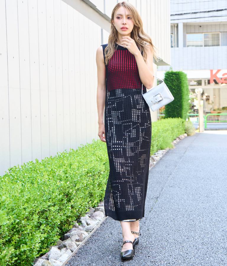 メッシュ サマー ニット ノースリーブ ロング ワンピース 497-2634