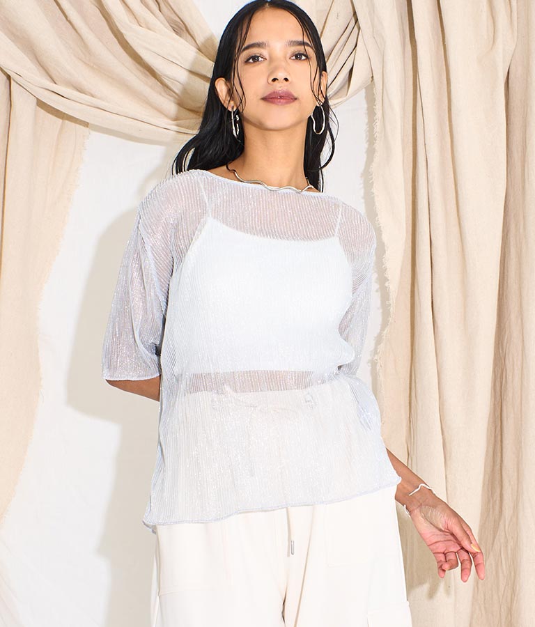 ラメ プリーツ シアー クルーネック Tシャツ プルオーバー 363-9466