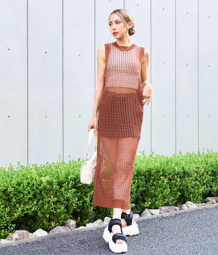 メッシュ サマー ニット ノースリーブ ロング ワンピース 497-2634