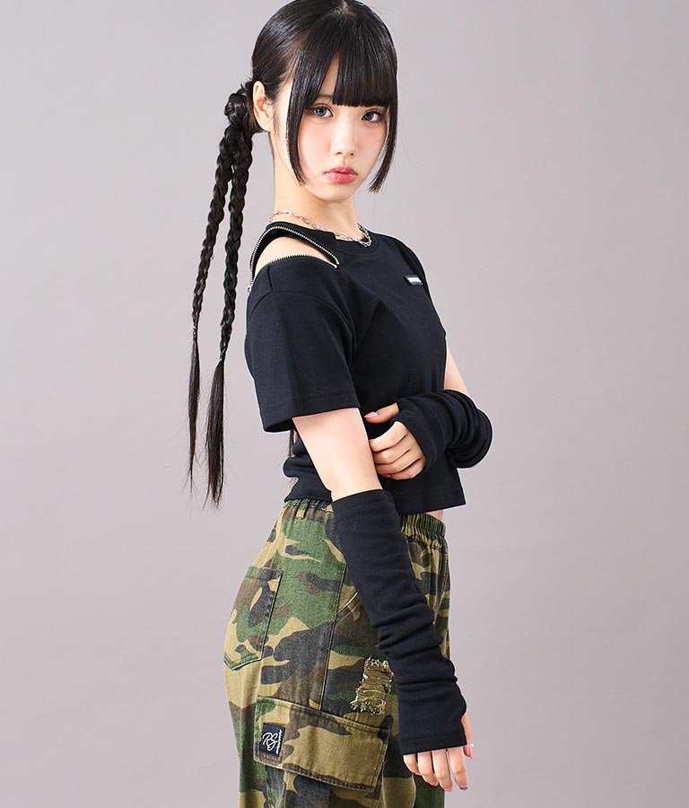 アームウォーマー付 刺繍 Tシャツ 913-7279