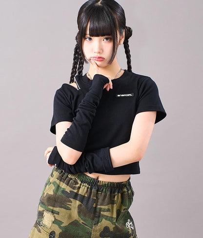 アームウォーマー付 刺繍 Tシャツ 913-7279