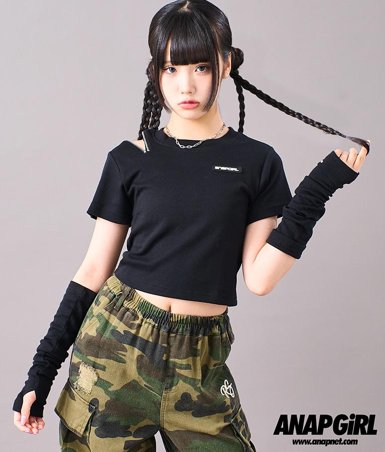 アームウォーマー付 刺繍 Tシャツ 913-7279