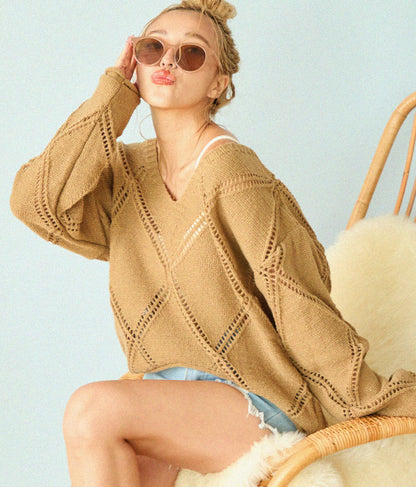 Vネックダイヤカット透かし編ニットトップス 813-6700