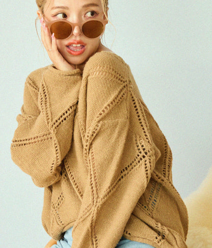 Vネックダイヤカット透かし編ニットトップス 813-6700