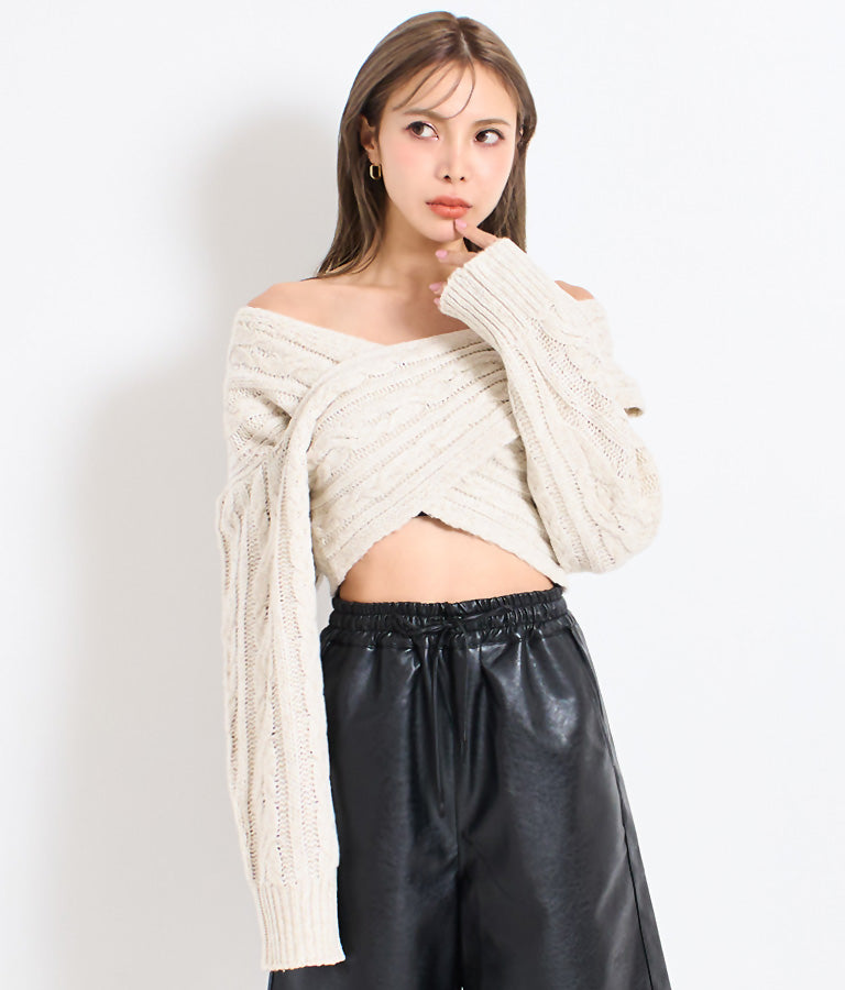 横編み ケーブル柄 オフショルダー ニットトップス 493-2574