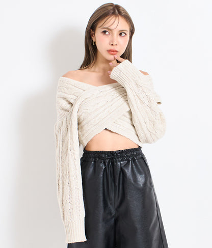 横編み ケーブル柄 オフショルダー ニットトップス 493-2574