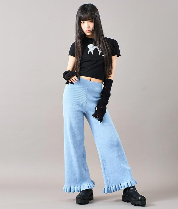 裾 フリル ニット ワイド パンツ 912-7329