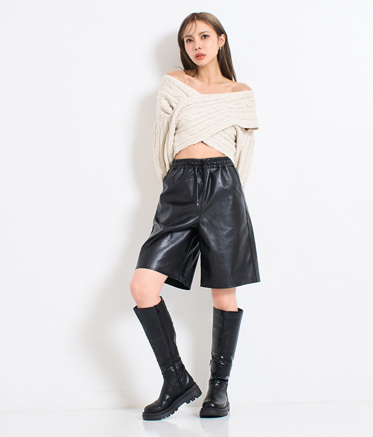 横編み ケーブル柄 オフショルダー ニットトップス 493-2574