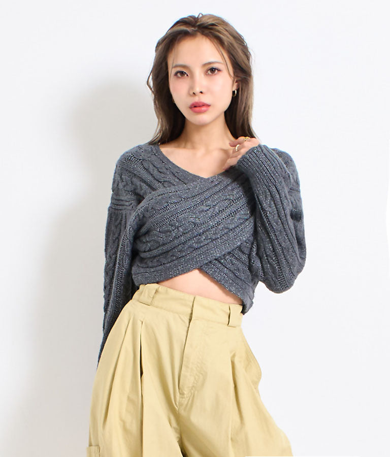 横編み ケーブル柄 オフショルダー ニットトップス 493-2574