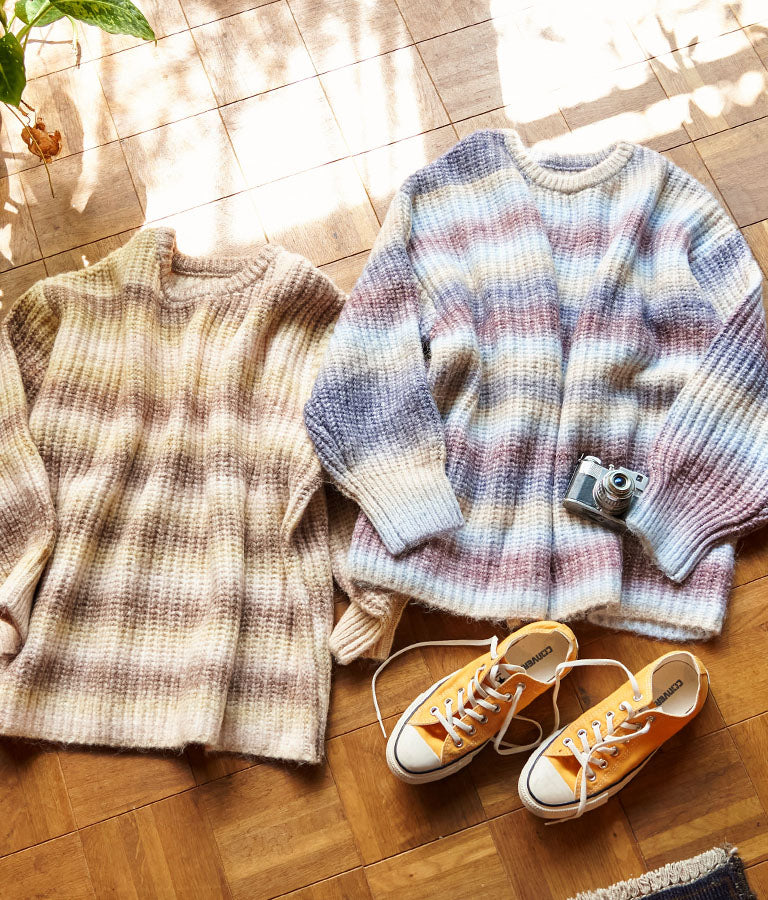 タイダイ ボーダー クルーネック ボリュームスリーブ ニット 853-5755